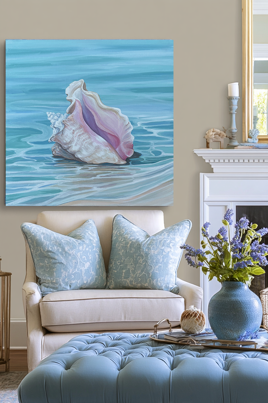 Conch in the Water blue ottoman mockup – framed shell print in a styled coastal room