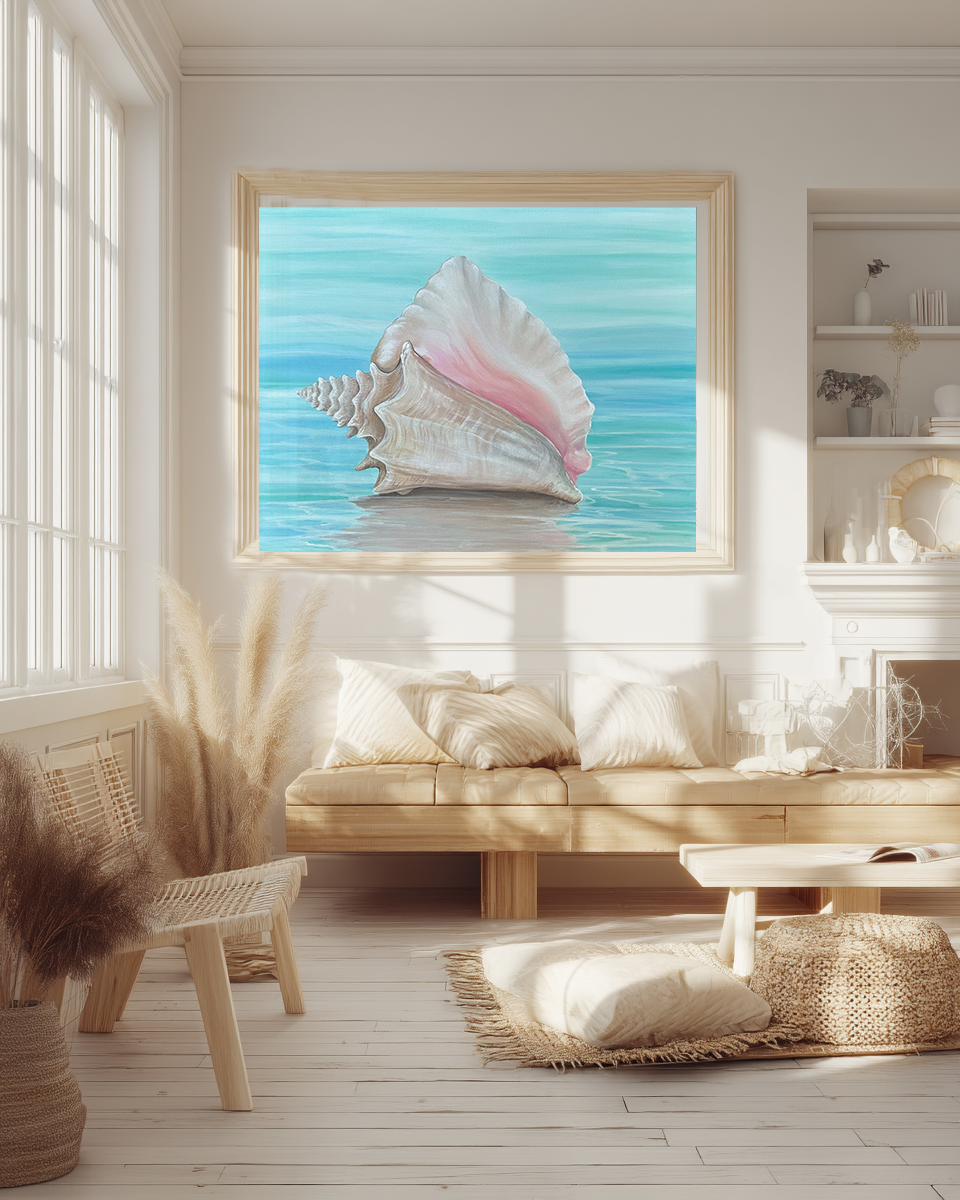 Washed Ashore light sofa mockup – framed shell print displayed above a light sofa