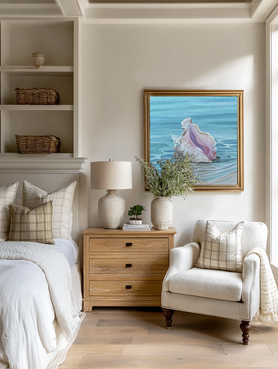 Conch in the Water square mockup – framed conch shell print in a styled interior