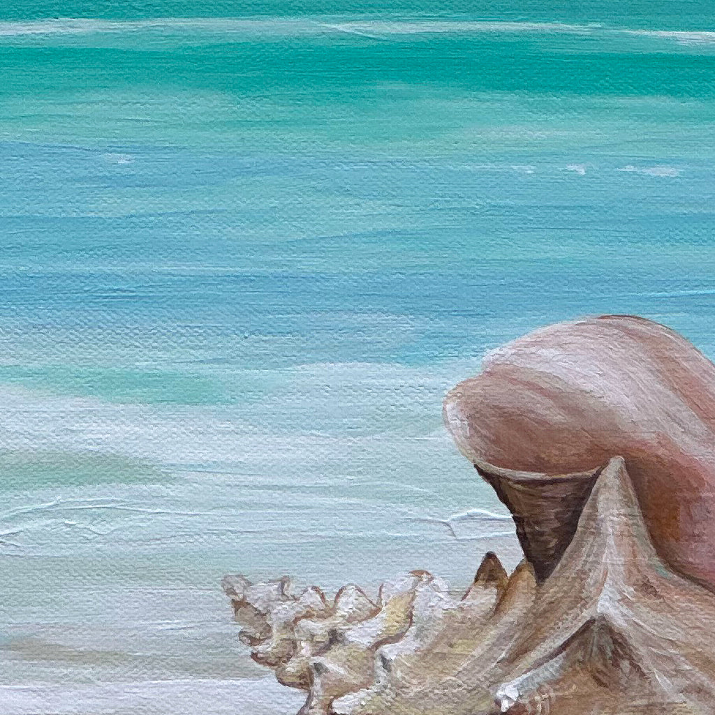 Shoreline Reverie detail – close-up of conch shell and coastal seascape painterly brushwork
