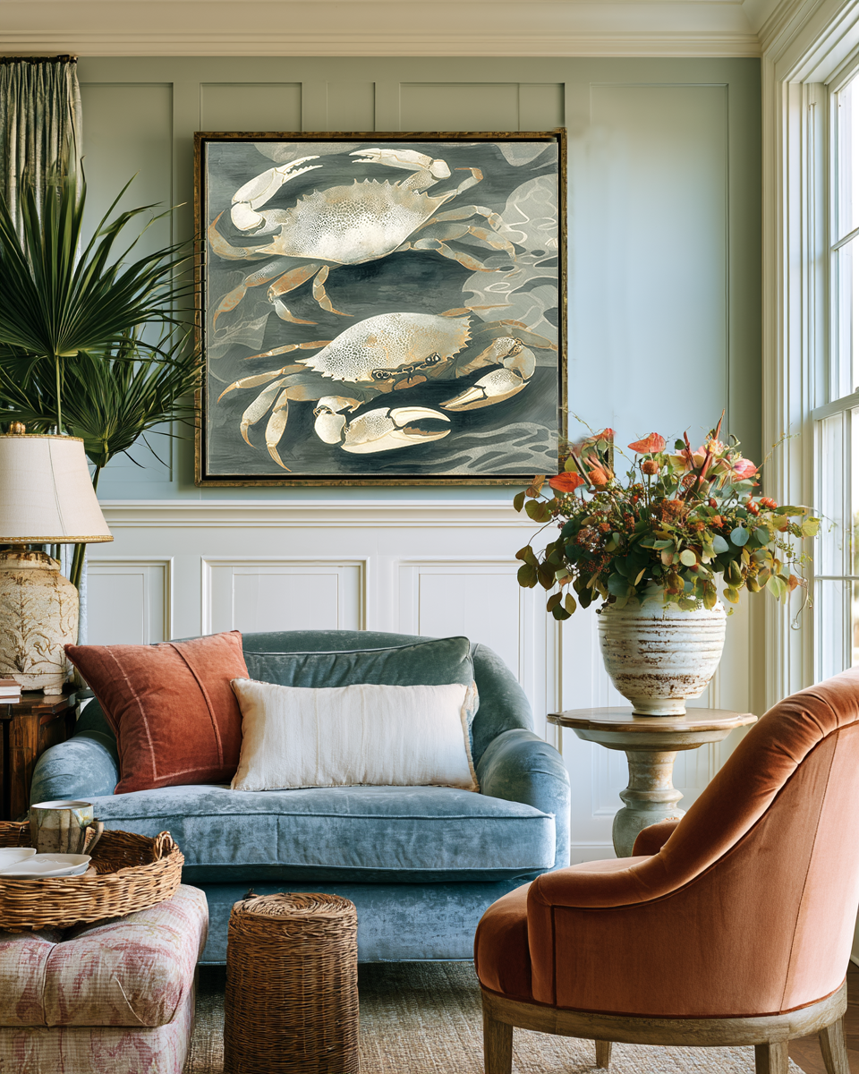 Living room with a blue sofa, orange armchair, and framed crab artwork on the wall.