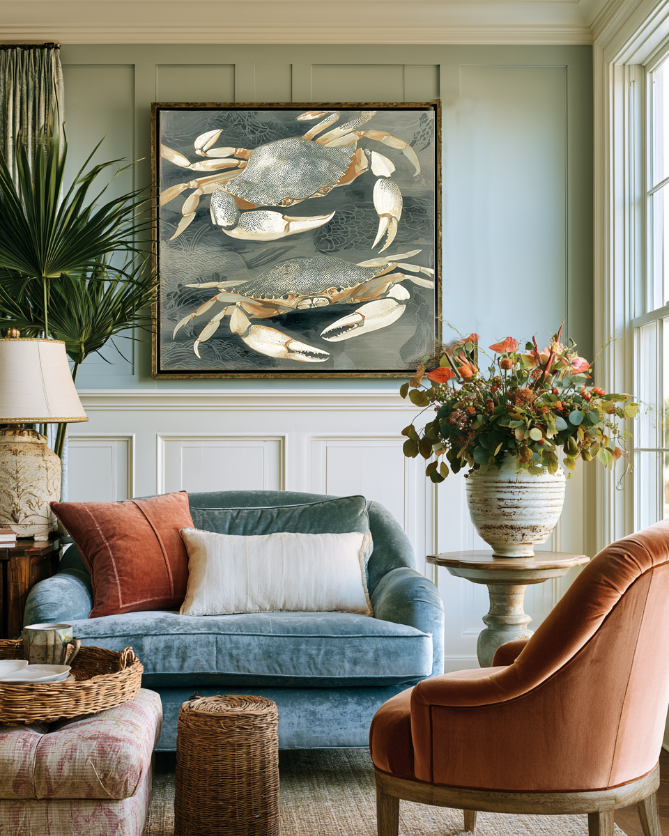 Living room with a blue sofa, orange armchair, and framed crab art on the wall.
