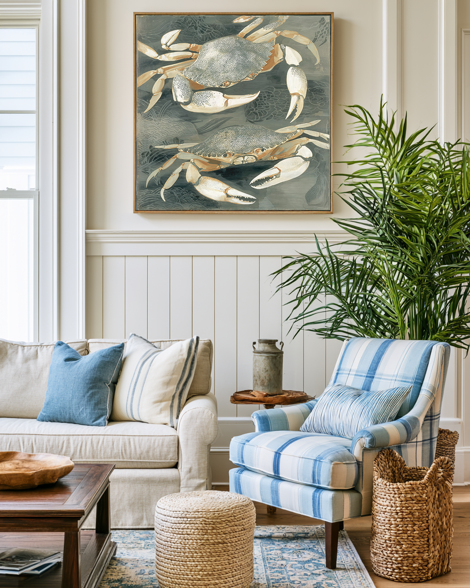 Living room with a couch, chair, coffee table, and decorative crab painting on the wall.