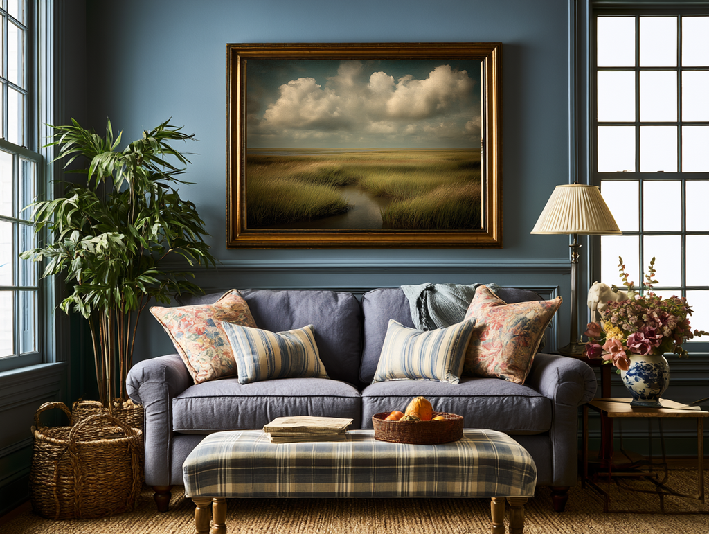 Cozy living room with a blue sofa, plaid ottoman, and framed landscape painting on a blue wall.