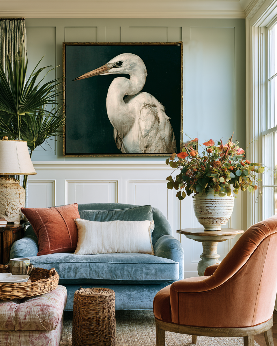 Living room with a large painting of a heron on the wall, a blue sofa, and a pink armchair.