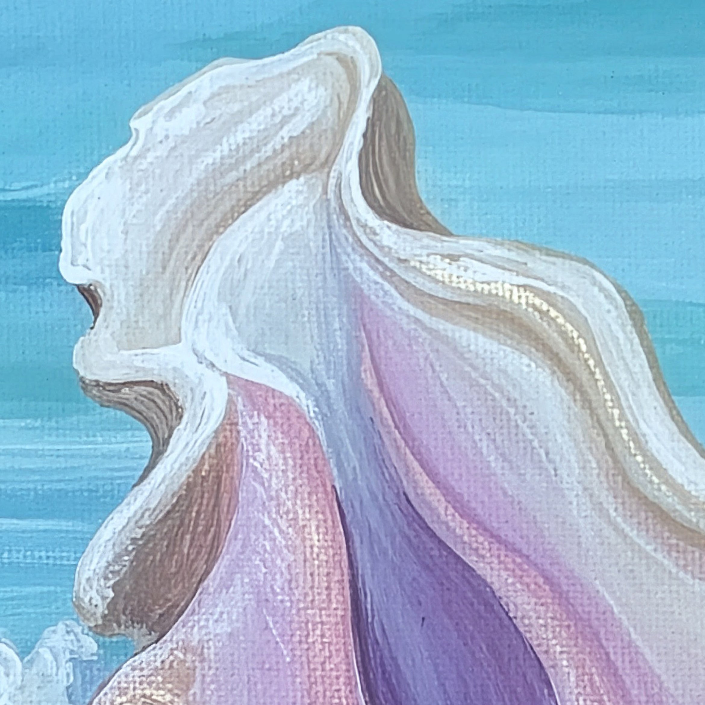 Conch in the Water detail – close-up of conch shell in glowing ocean water, painterly texture