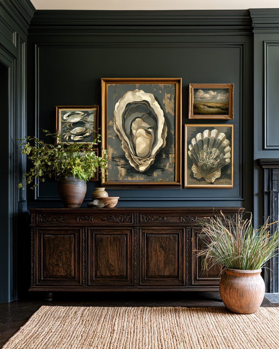 Decorative wall with framed artwork of shells and landscapes, dark wood cabinet, and potted plants.