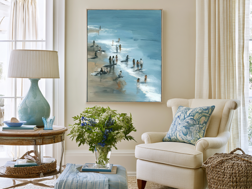 Living room with a beach-themed painting, chair, and table.