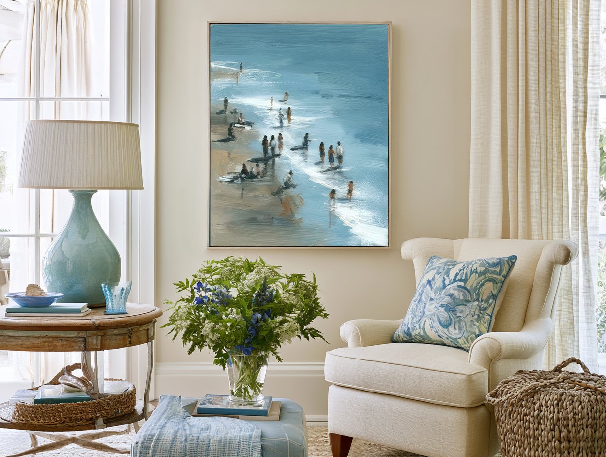 Living room with a beach-themed painting, chair, and table.