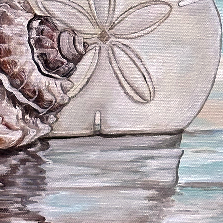 Echos of the Tide I detail – close-up of shell and sand dollar fine art print brushwork and texture