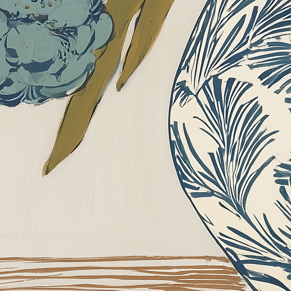 closeup detail of painting showing part of the blue and white vase and the blue flower bloom