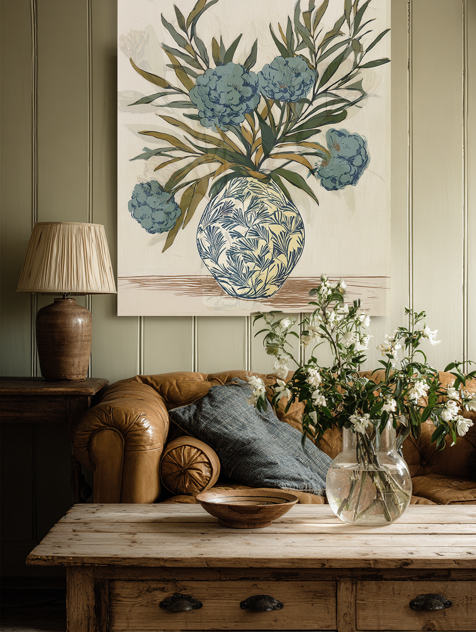 brown leather couch with Faded Indigo painting hanging above the couch.  painting is blue flowers in a white and blue pottery vase.