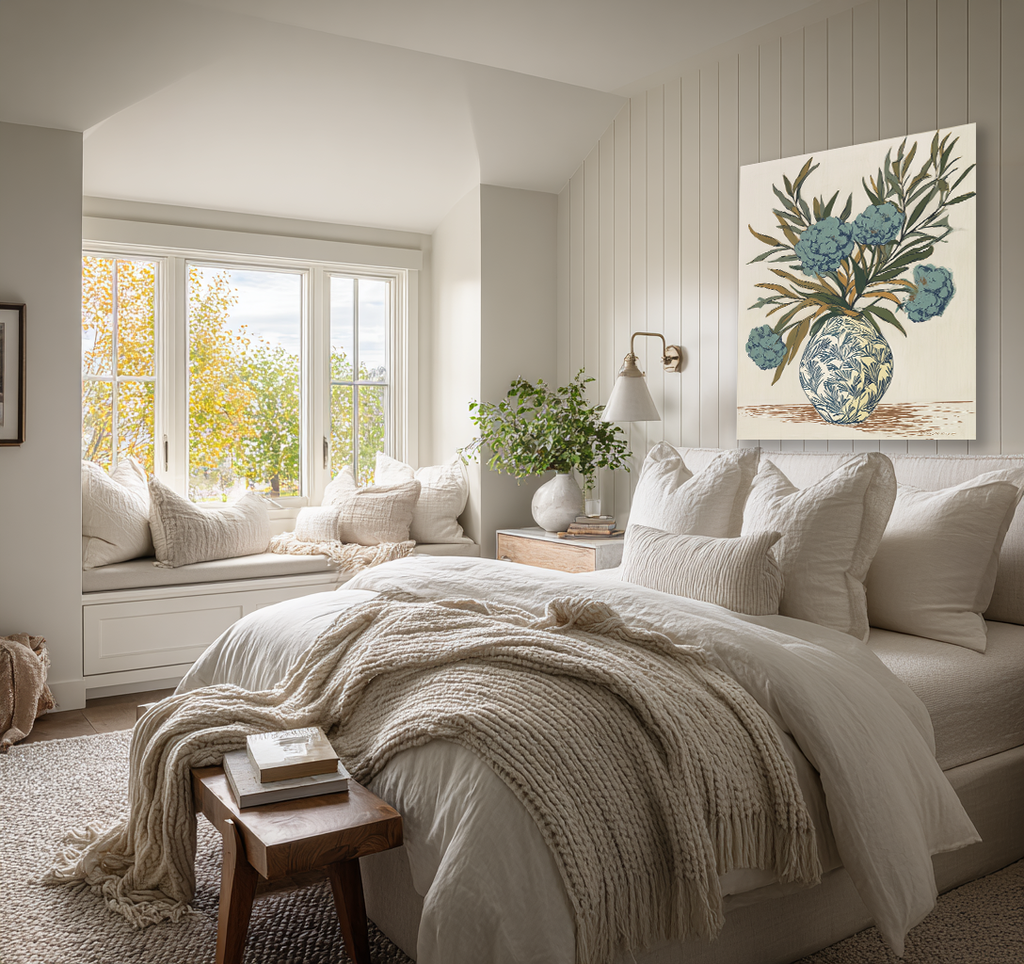 bedroom with white and cream comforters with Faded Indigo painting of blue flowers in a vase hanging above the bed