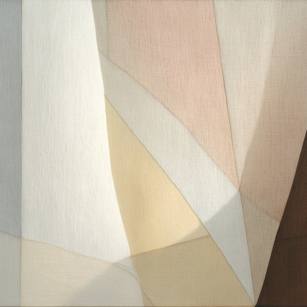 Geometric patterned fabric with pastel colors on a neutral background
