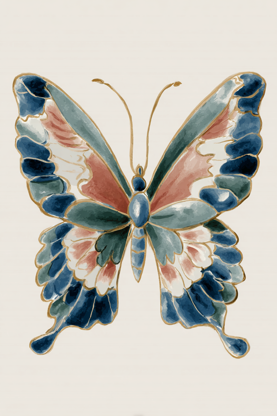 light watercolor like painting of a butterfly in earth tones of blue green and pink