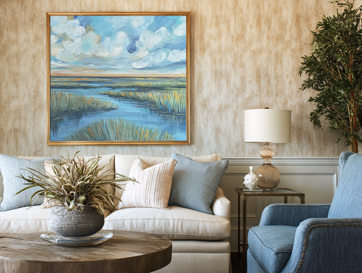 Golden Memory lifestyle mockup – framed marsh landscape print in a styled interior