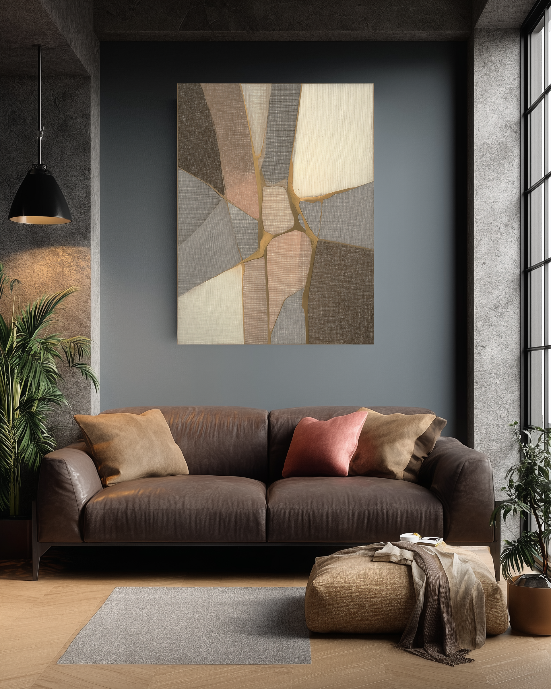 Modern living room with a brown sofa, abstract painting, and plants.