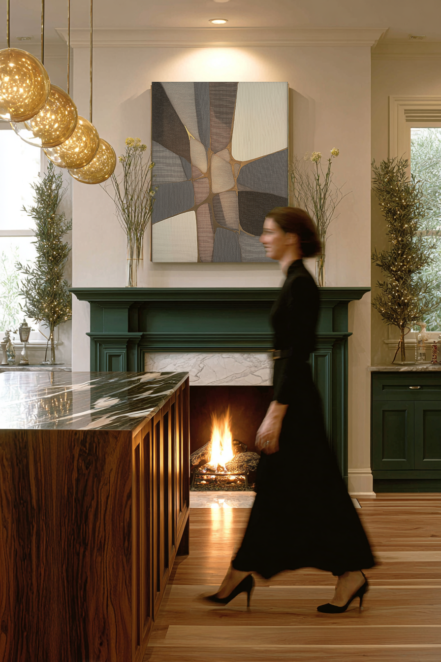 Woman walking in a modern kitchen with a fireplace and abstract art on the wall.