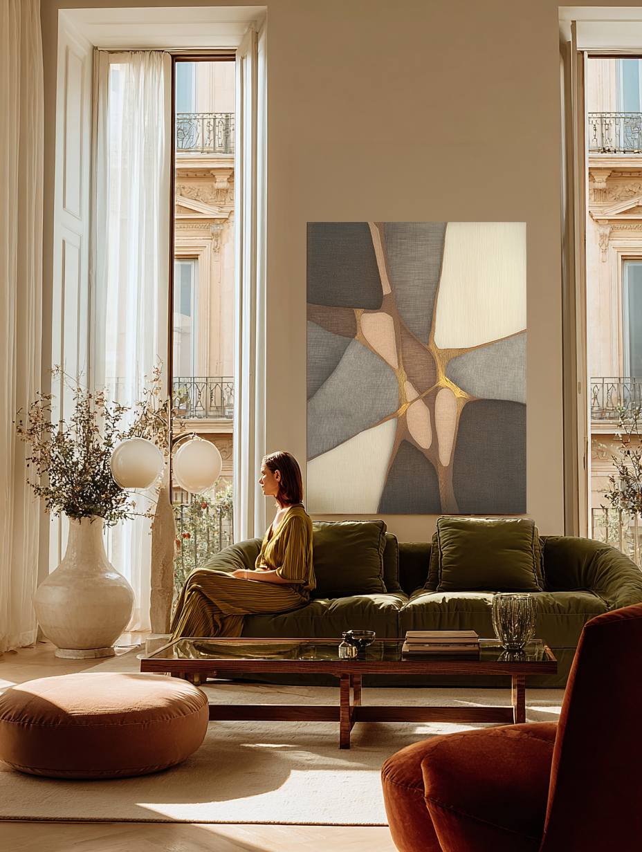Golden Pathways I couch mockup – framed abstract fine art print in a styled modern living room
