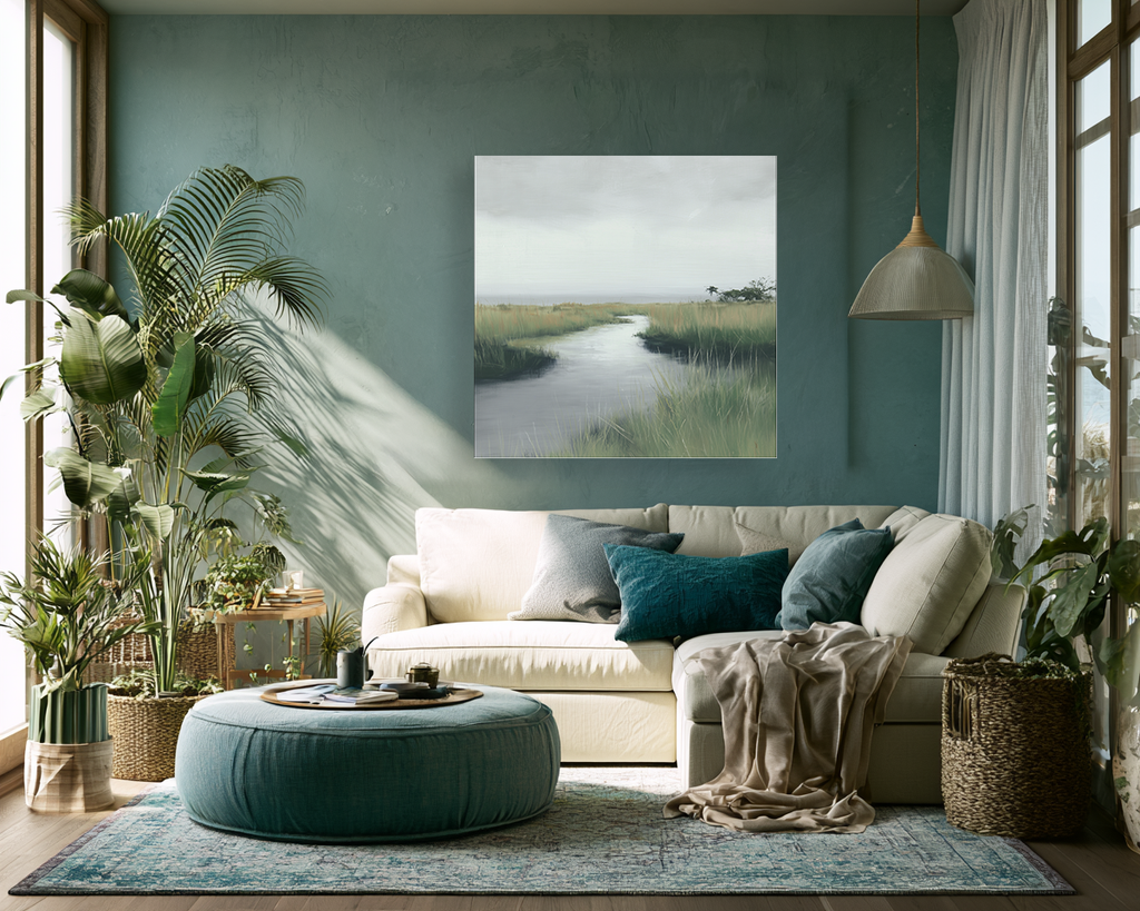 Living room with a couch, ottoman, and wall art depicting a landscape.