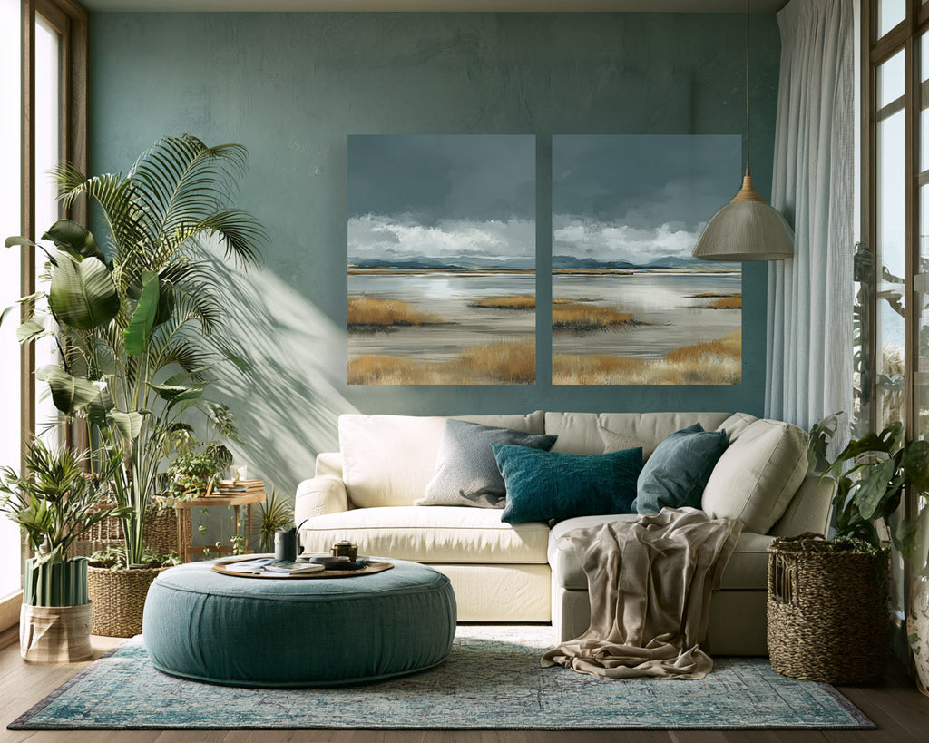 Modern living room with a sofa, ottoman, and wall art depicting a landscape.