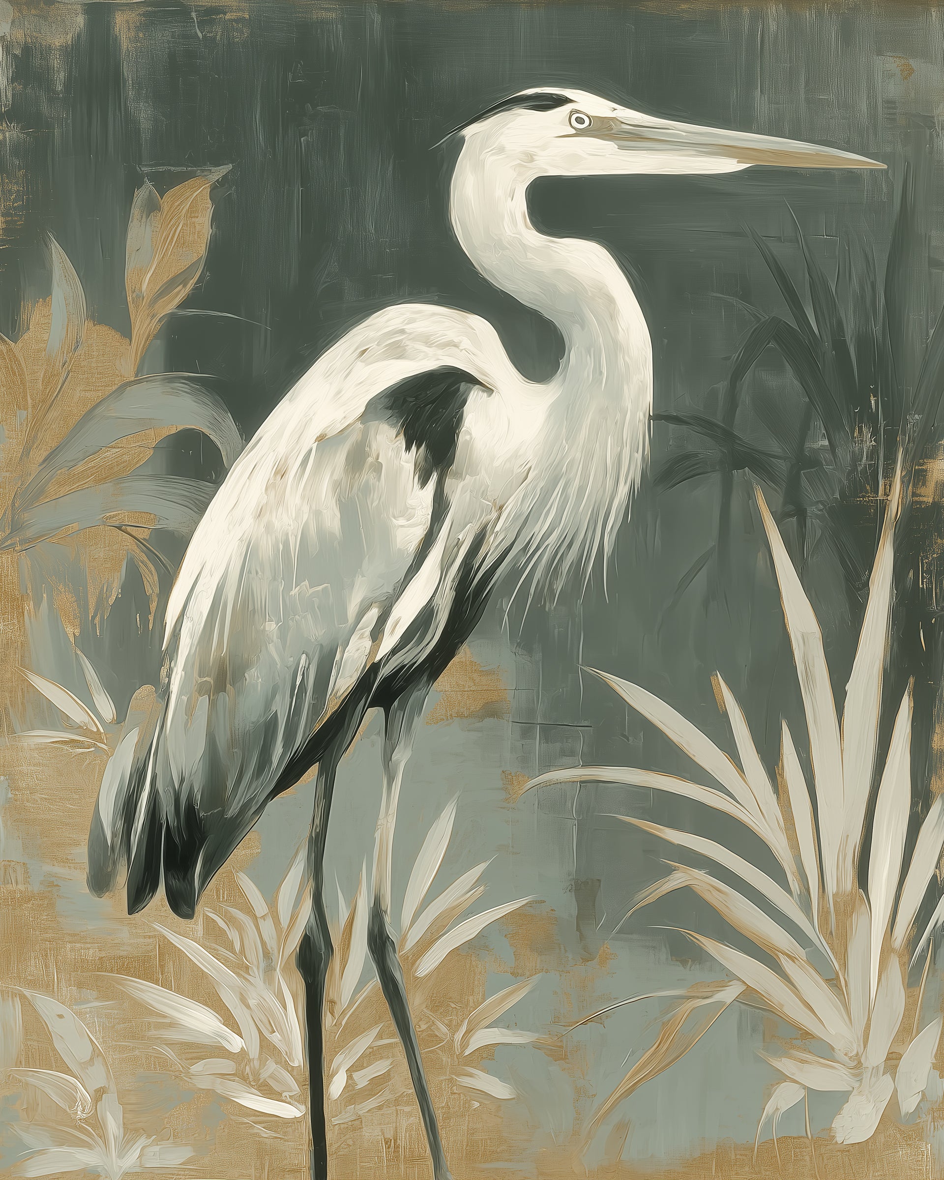 Grey Sky Heron I – dramatic heron fine art print by Paula Freeman, bird on dark background