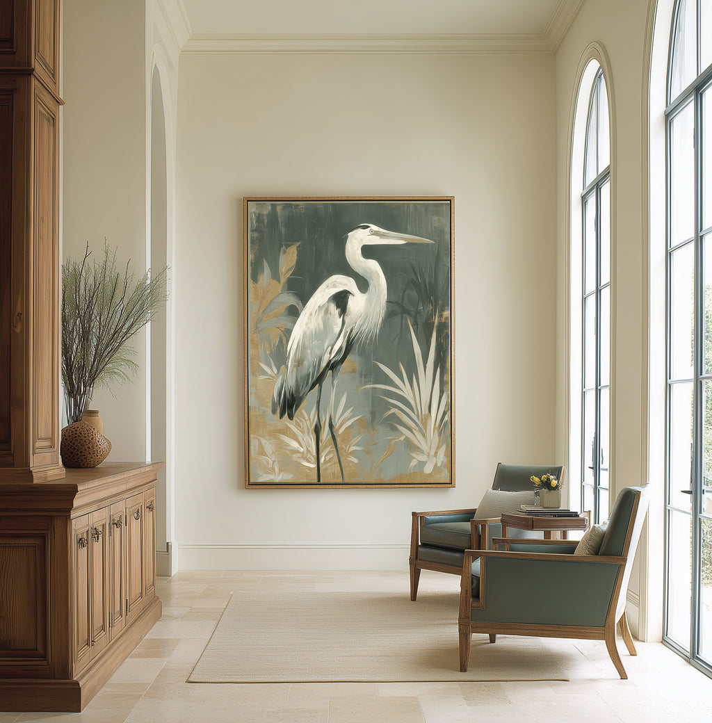 Grey Sky Heron I dark background – heron facing forward in painterly coastal tones