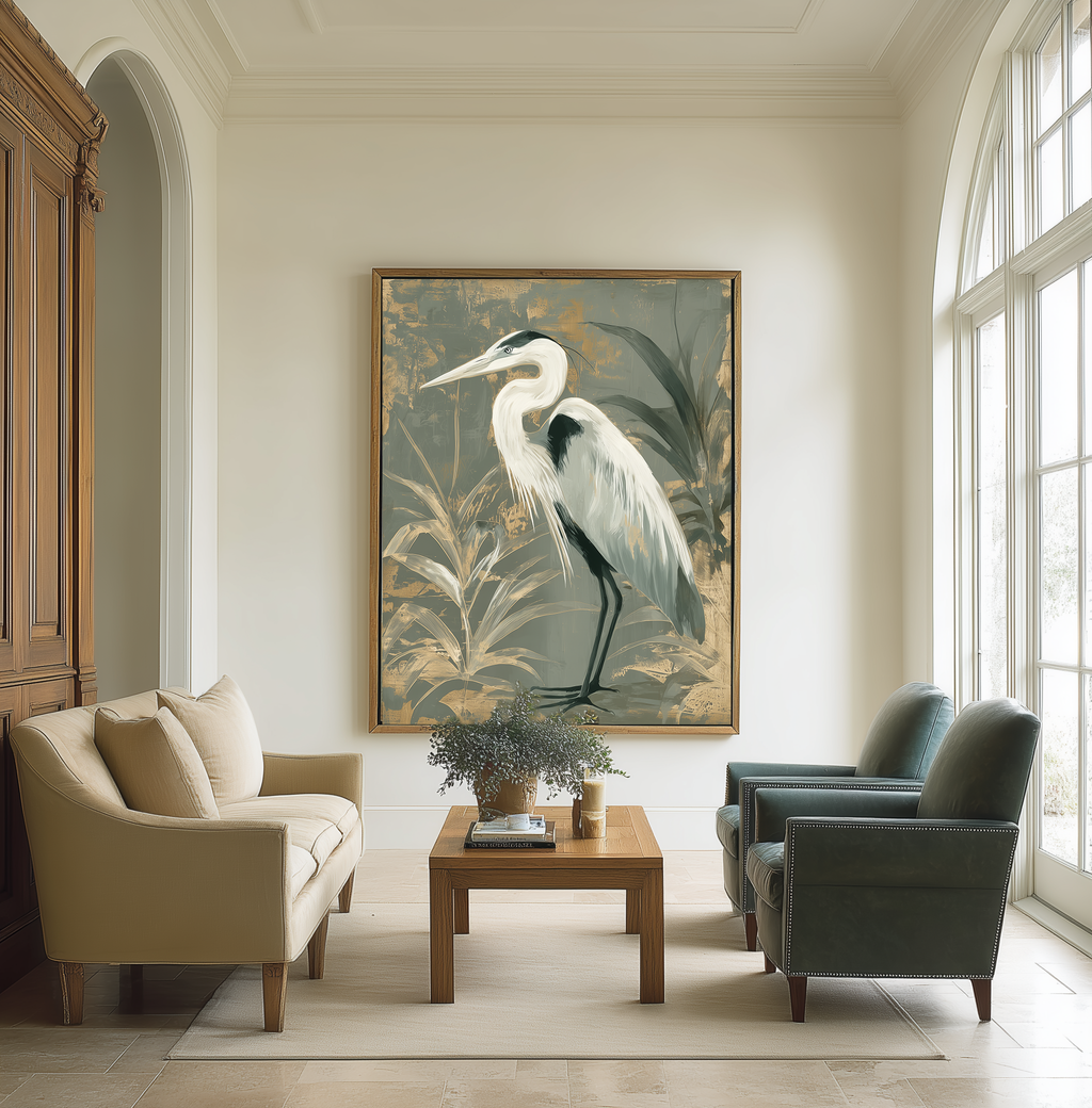 Grey Sky Heron II light background mockup – framed heron print in a styled interior
