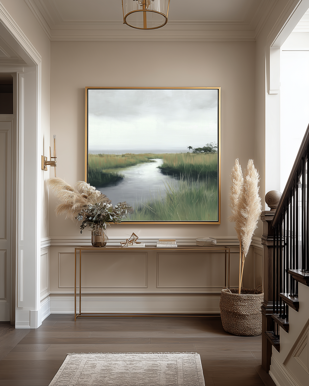Decorative interior with a framed landscape painting, potted plants, and a console table.