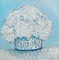 Artistic depiction of white flowers in a decorative blue and white vase on a light blue background.