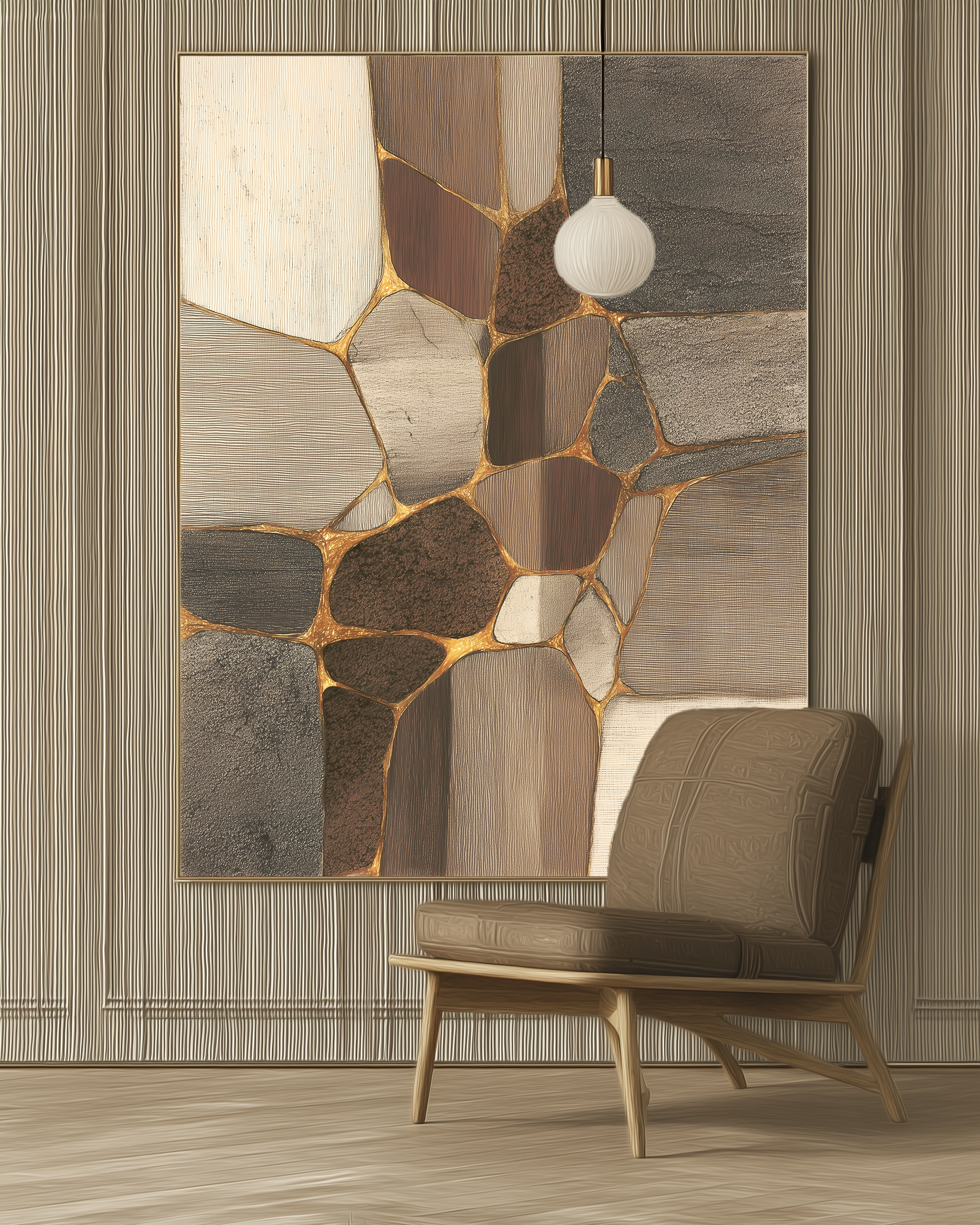 Layered Ground III chair mockup – framed abstract print in a styled modern interior