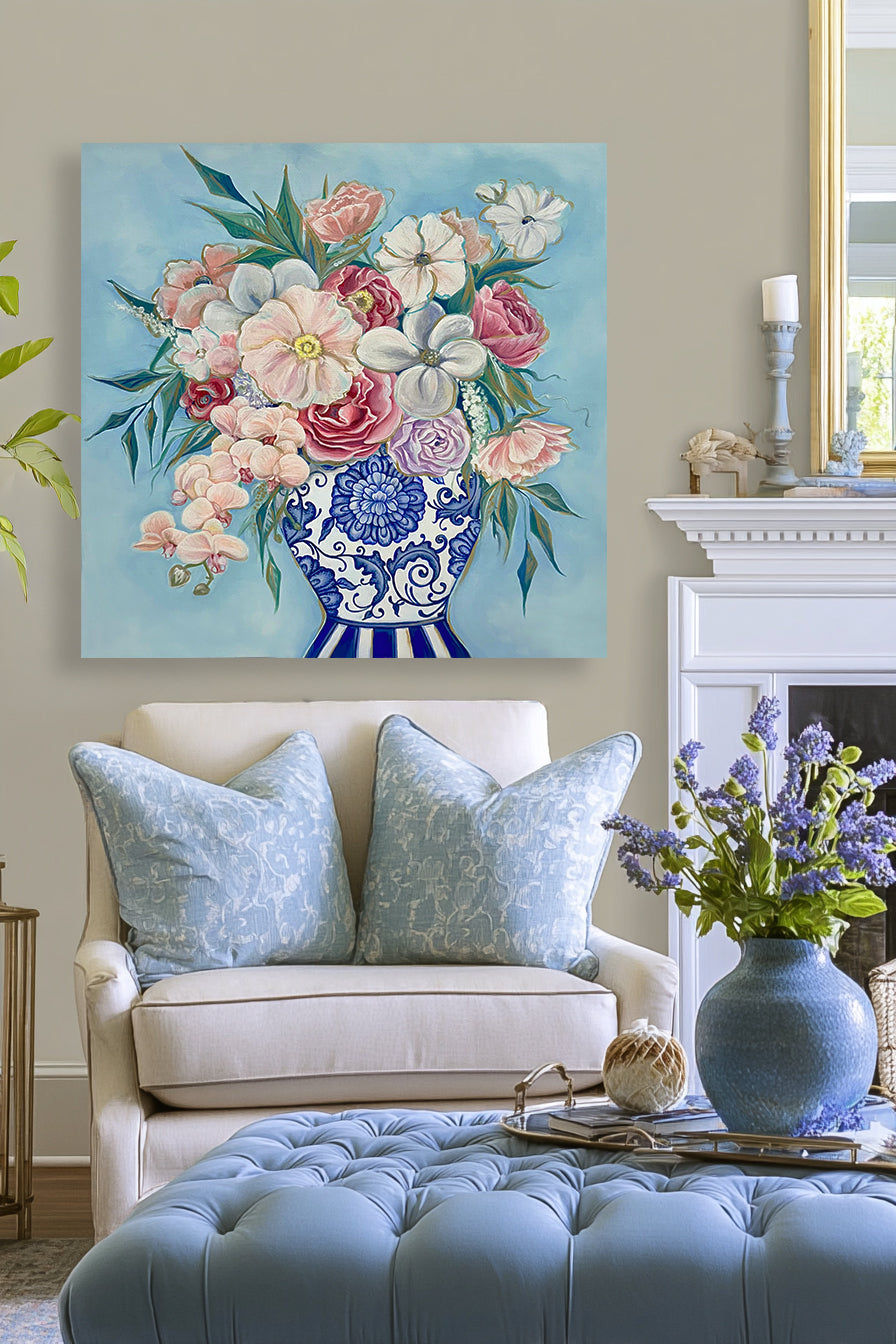 Floral painting on a wall above a sofa with decorative pillows and a vase of flowers.