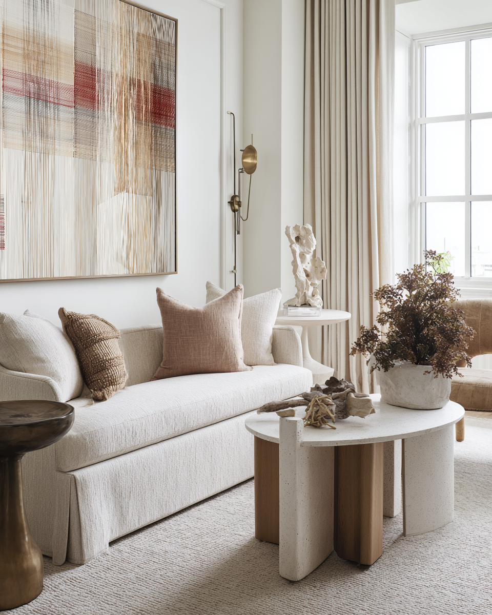 Modern living room with a white sofa, decorative pillows, and a coffee table.