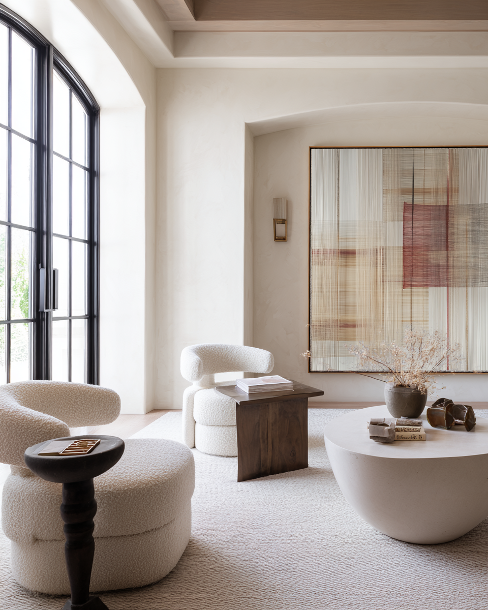 Modern living room with white chairs, a wooden table, and a large abstract painting.