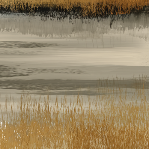 Reflective water surface with reeds on a calm day