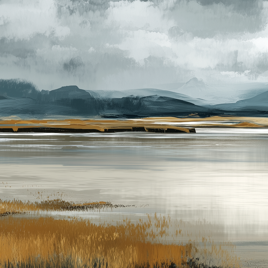 Wetland landscape with water, reeds, and mountains under a cloudy sky