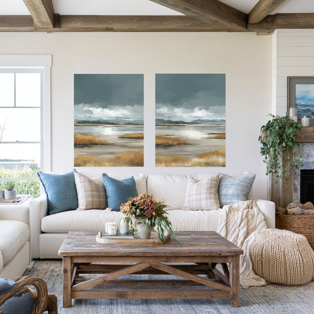 Living room with a white sofa, wooden coffee table, and wall art depicting a landscape.
