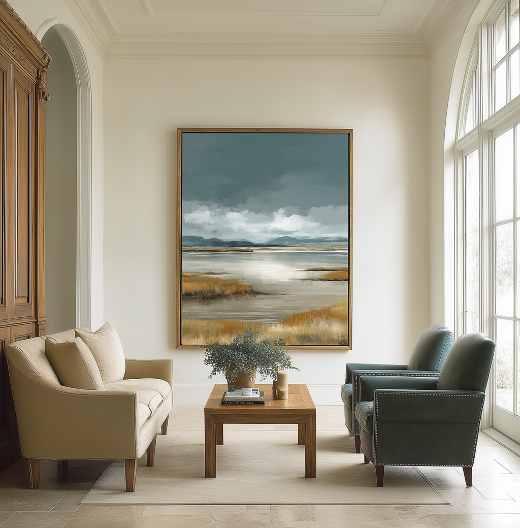 Living room with beige sofa, green armchairs, wooden coffee table, and large landscape painting on wall.