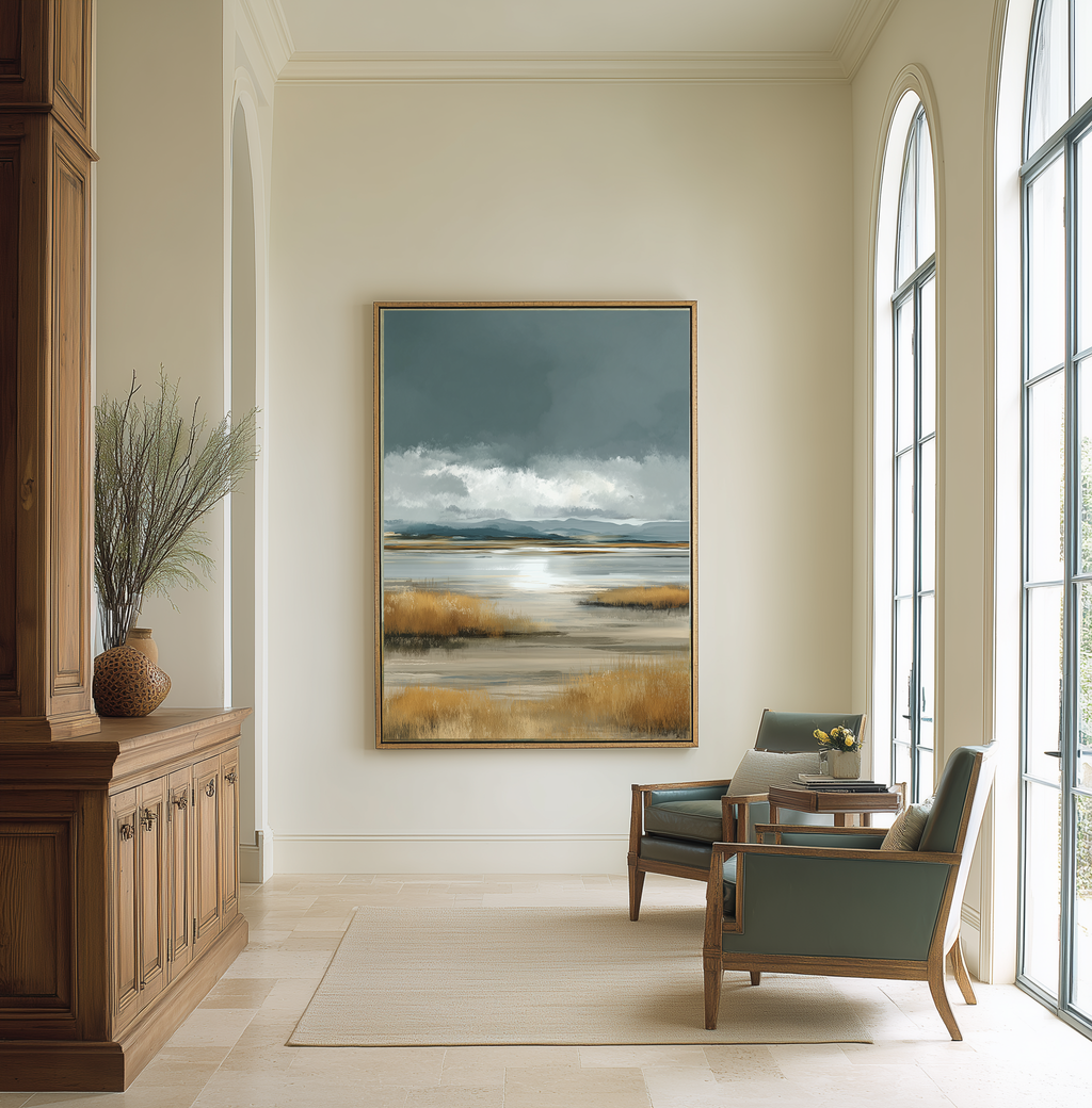 Living room with a large abstract landscape painting on the wall, wooden cabinet, and chairs.