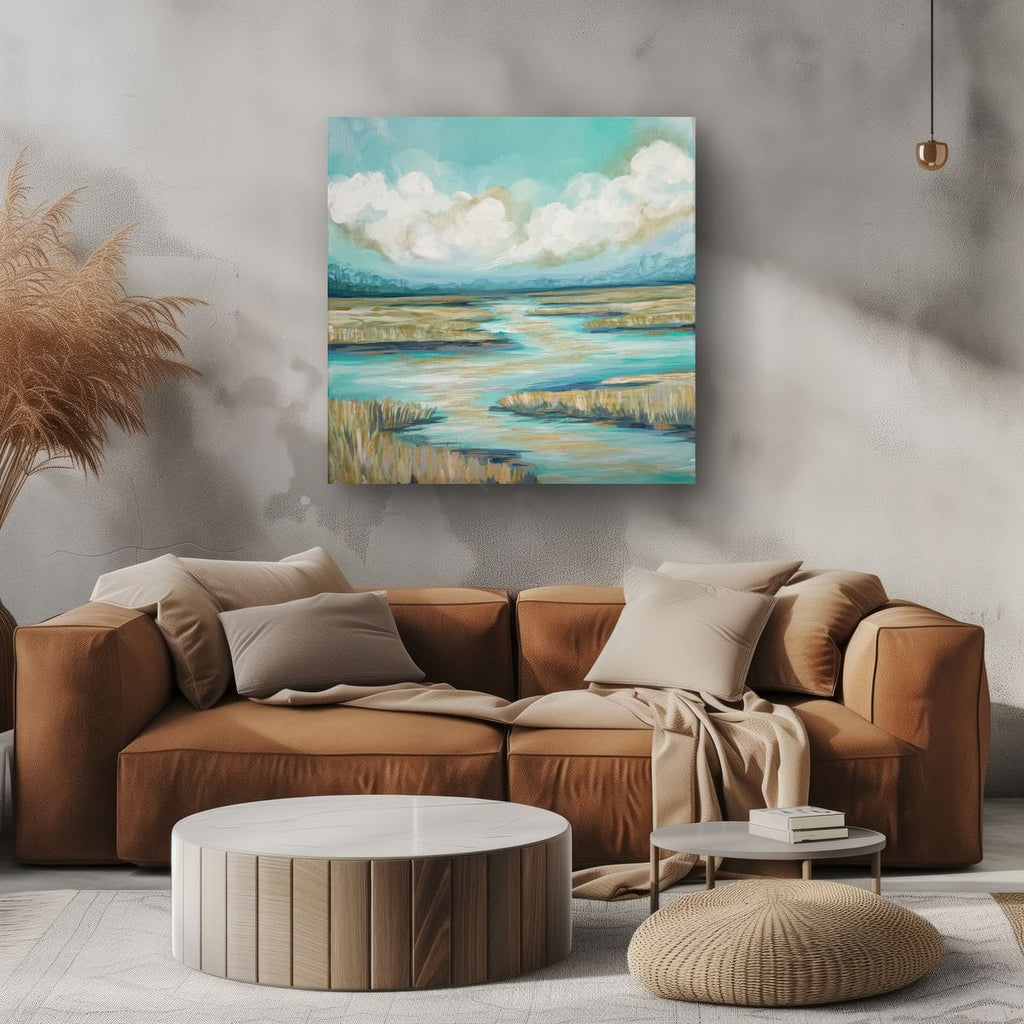 Living room with brown sectional sofa, round wooden coffee table, and abstract landscape painting on the wall.
