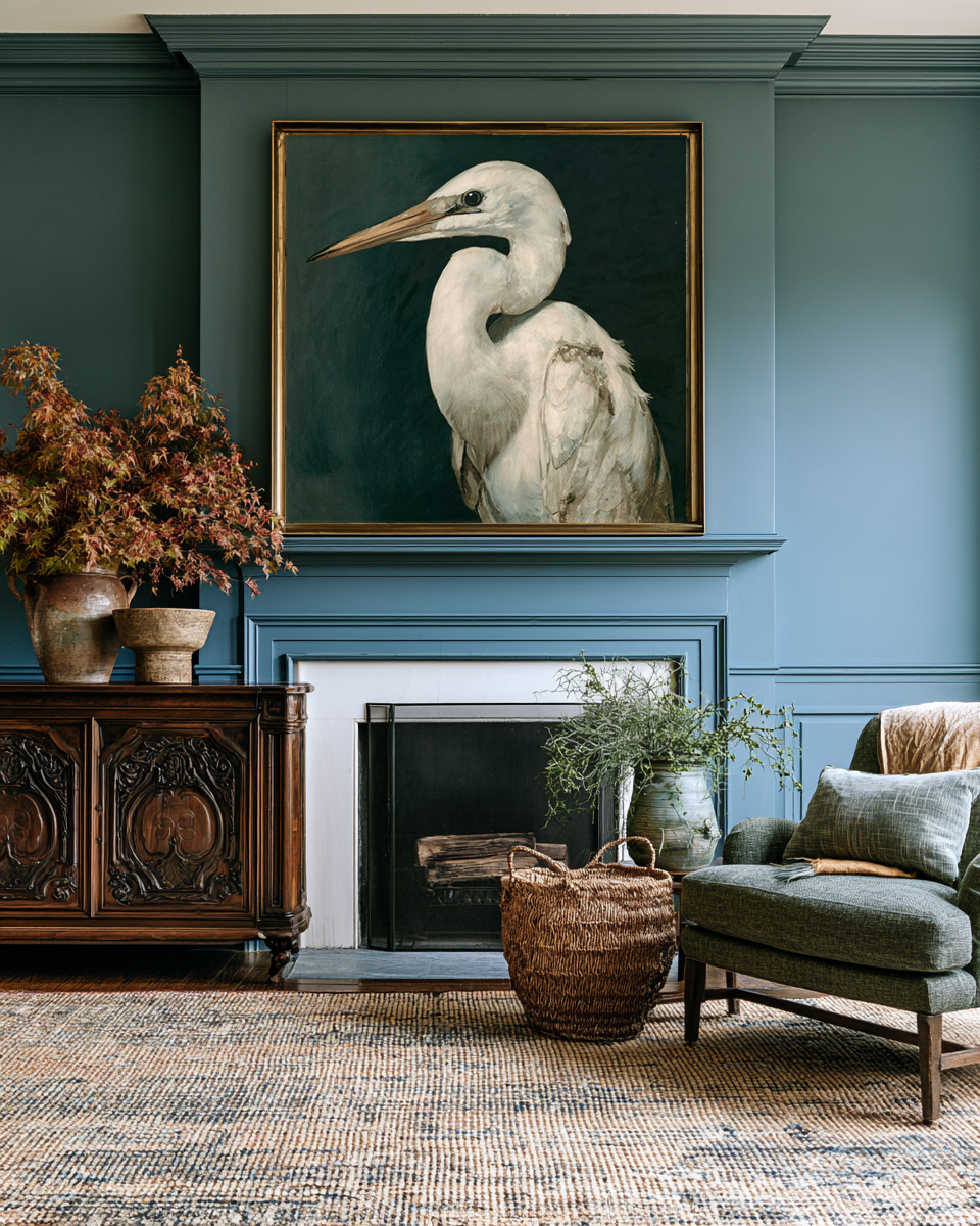 Living room with a large framed painting of a white bird above a fireplace.