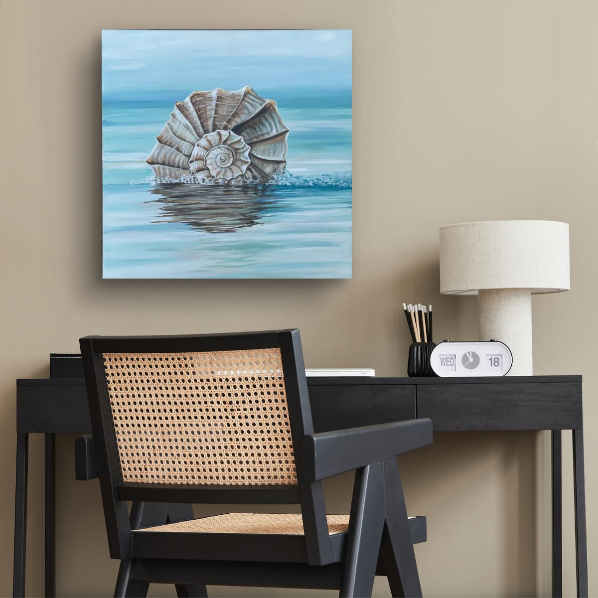Ocean's Whisper lifestyle mockup – framed shell print in a styled living room