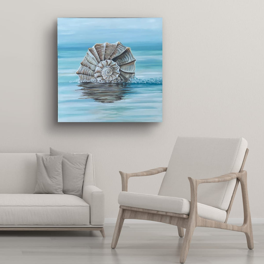 Ocean's Whisper room view – shell fine art print displayed in a home interior