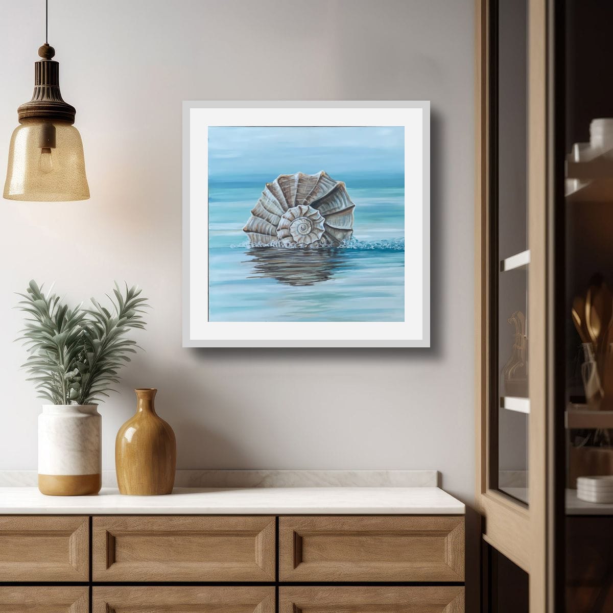 Ocean's Whisper interior view – coastal shell print displayed in a styled living space