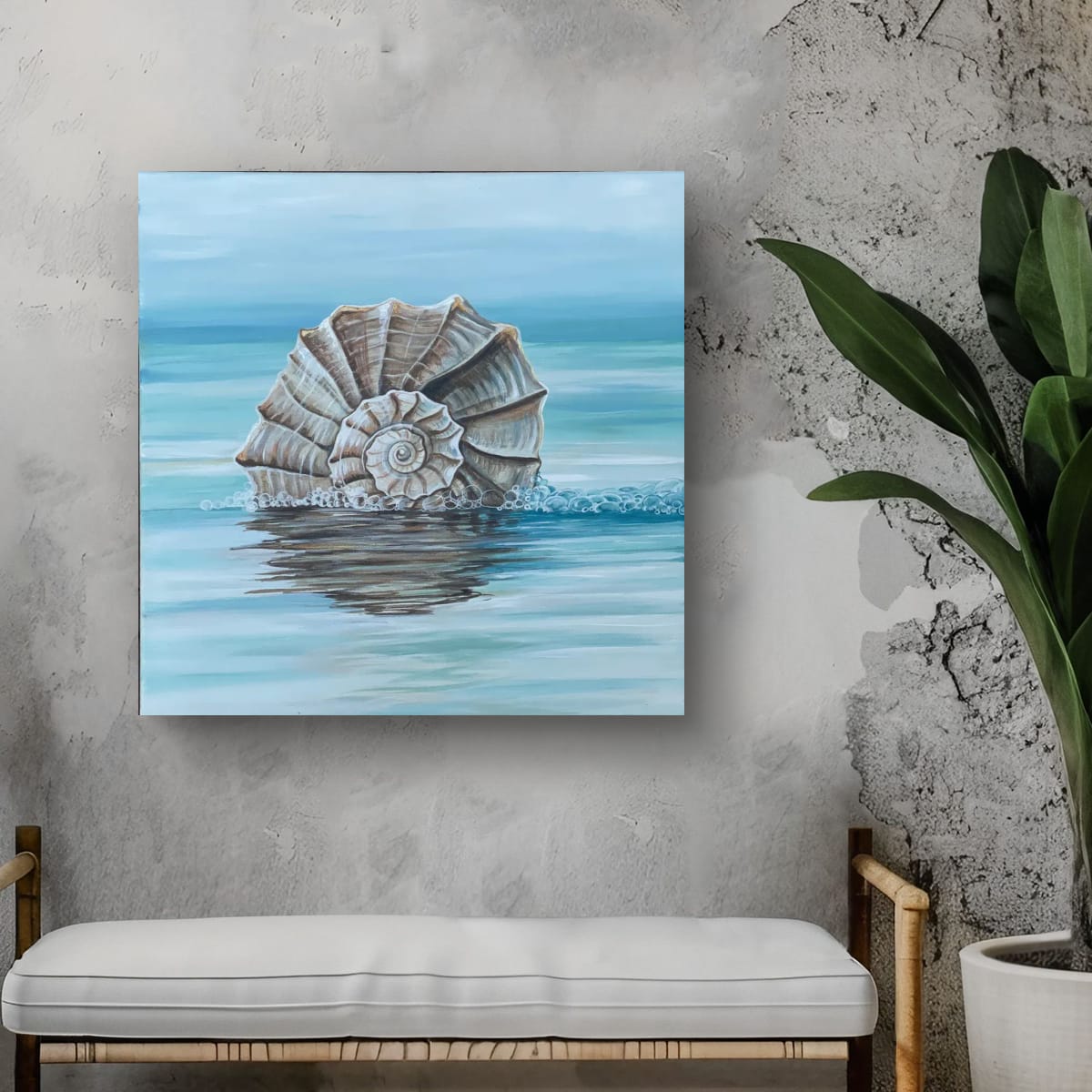 Ocean's Whisper home decor – shell fine art print in a coastal-inspired room