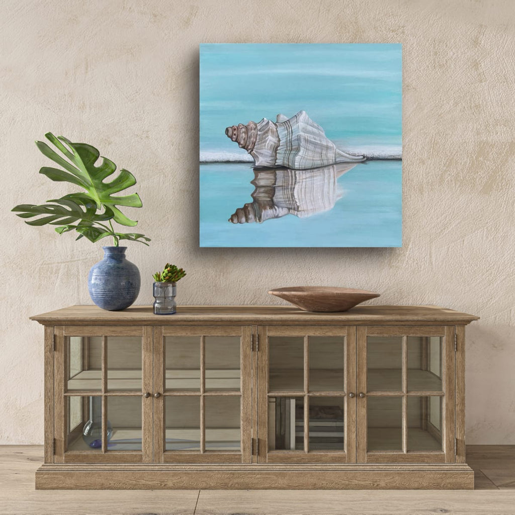 Tranquil Shell Reflection lifestyle mockup – framed shell print in a styled interior