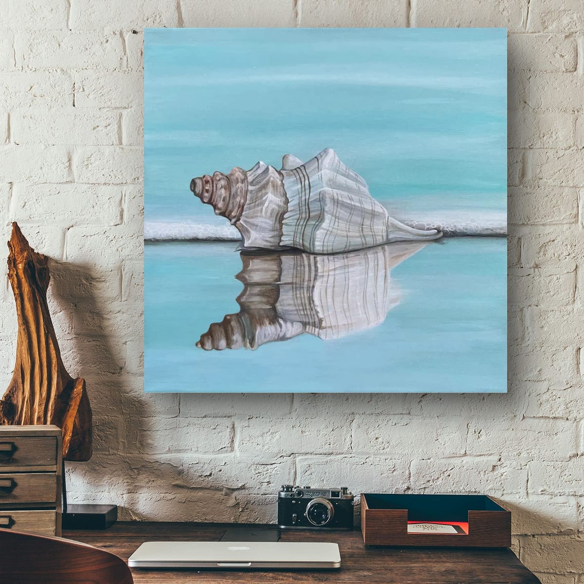 Tranquil Shell Reflection home image – coastal fine art print in a styled interior