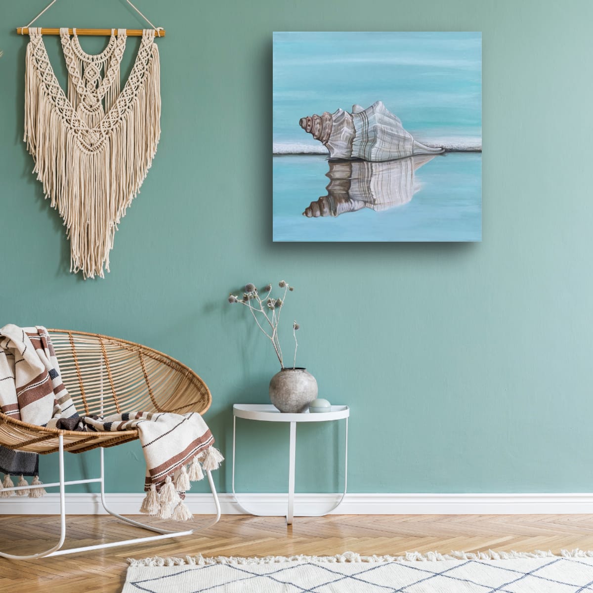 Tranquil Shell Reflection decor view – seashell fine art print displayed in a home setting