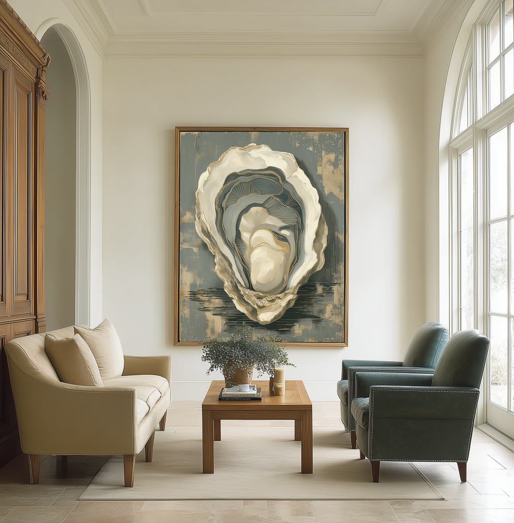 Living room with a large oyster shell painting on the wall, beige sofa, and green armchairs.