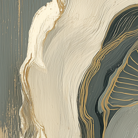 Abstract art with wavy lines in beige, black, and gold on a textured background